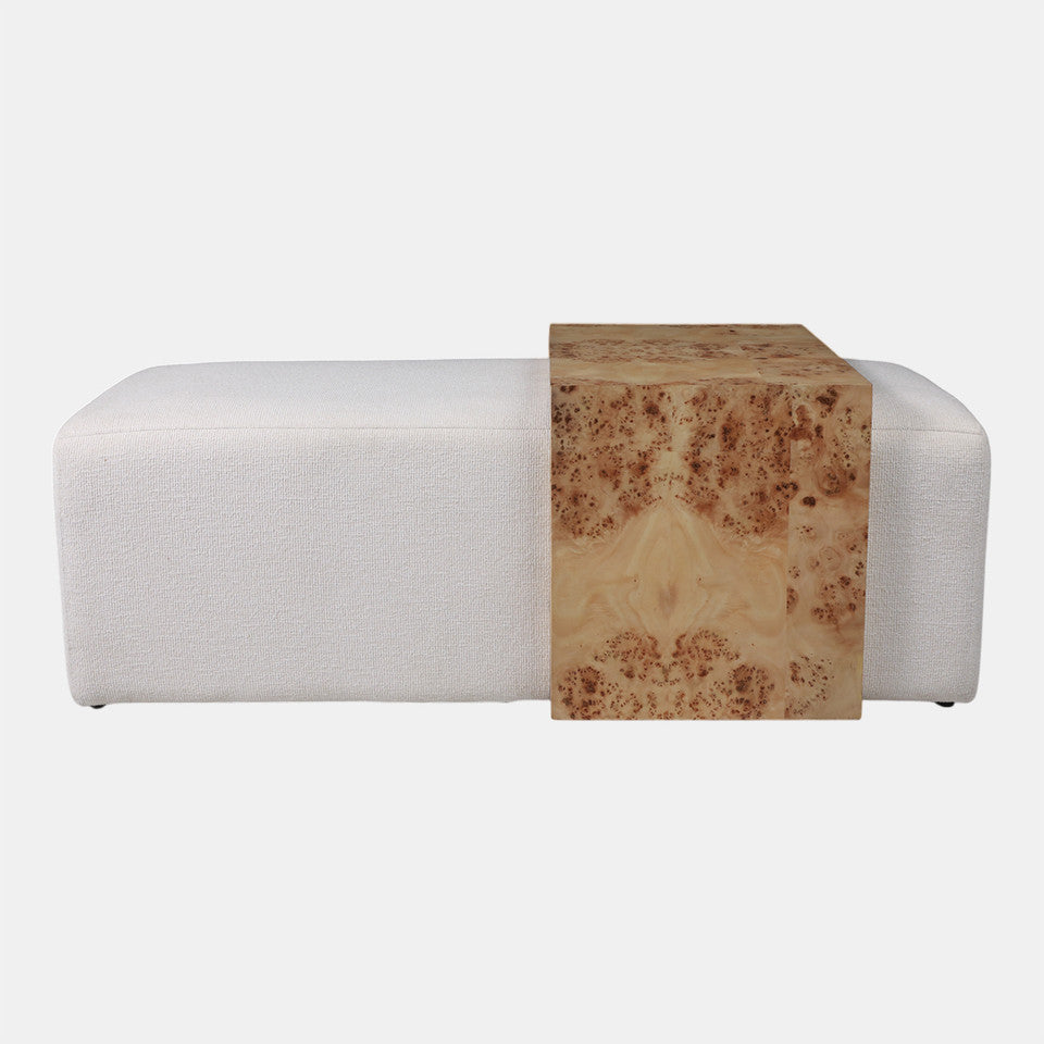 Rectangular Ottoman with Burl Wood Table, Ivory