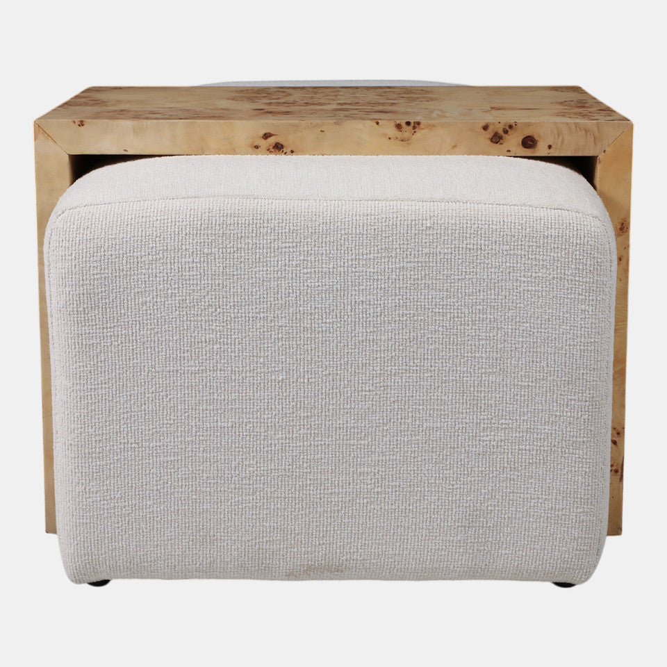 Rectangular Ottoman with Burl Wood Table, Ivory