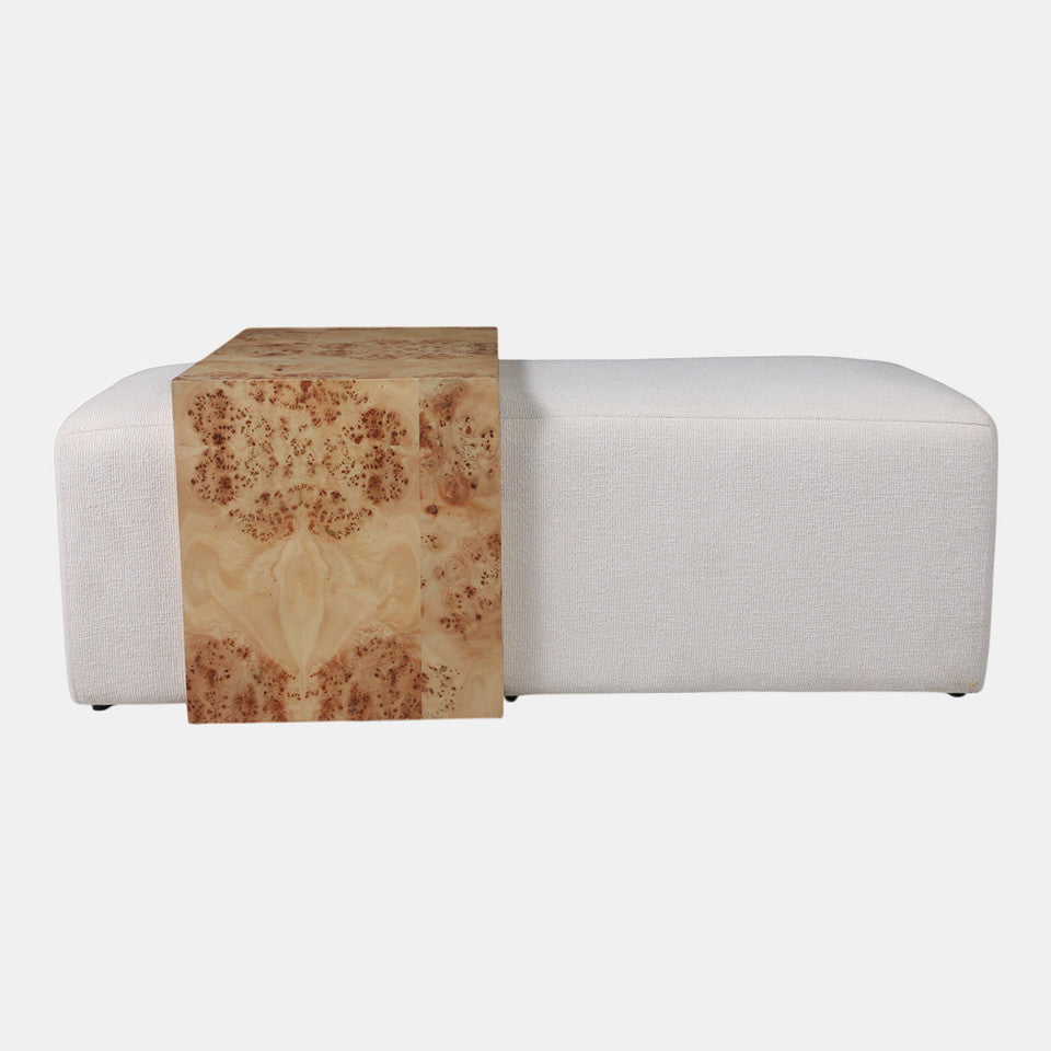 Rectangular Ottoman with Burl Wood Table, Ivory