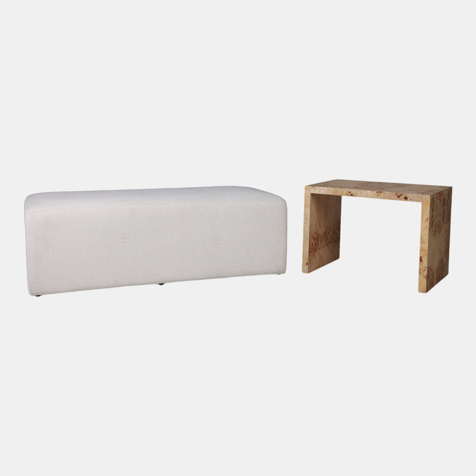Rectangular Ottoman with Burl Wood Table, Ivory