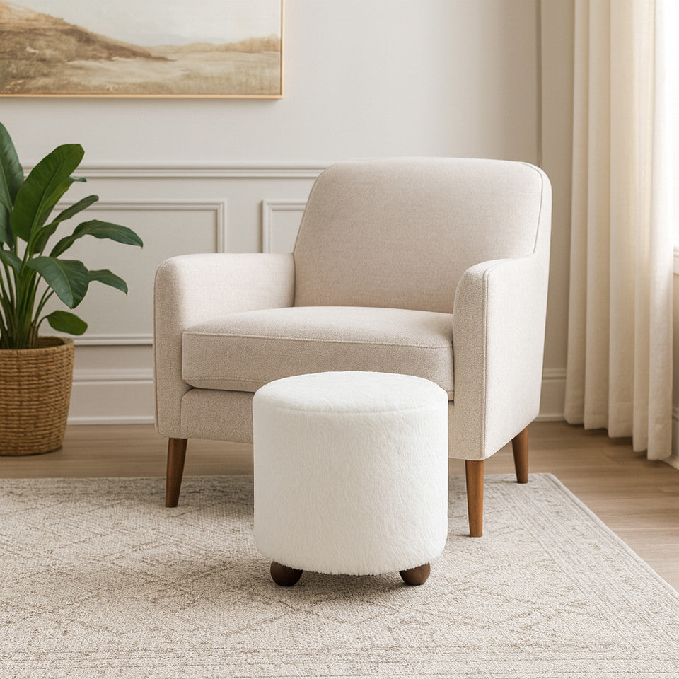 Faux Fur Ottoman with Ball Feet, Ivory