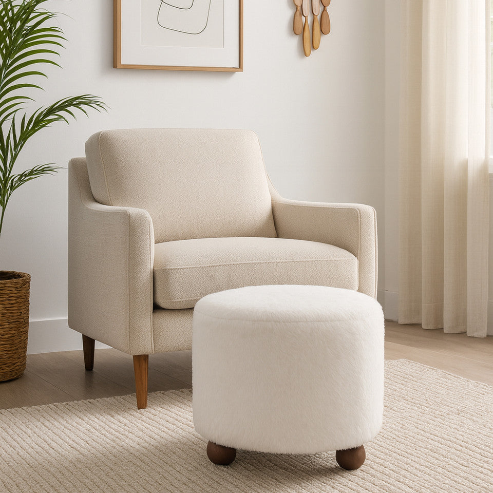Faux Fur Ottoman with Ball Feet, Ivory