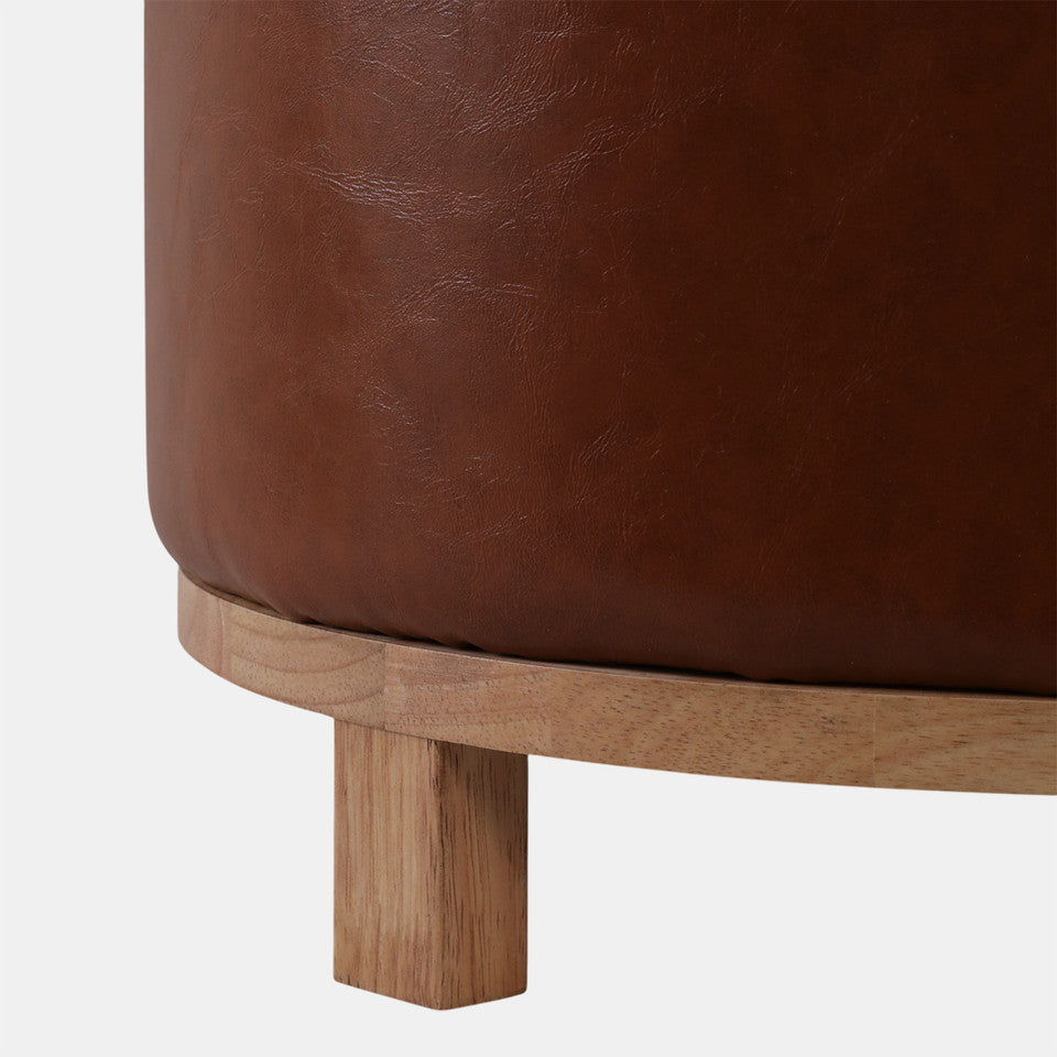 Faux Leather Ottoman with Wood Base, Brown